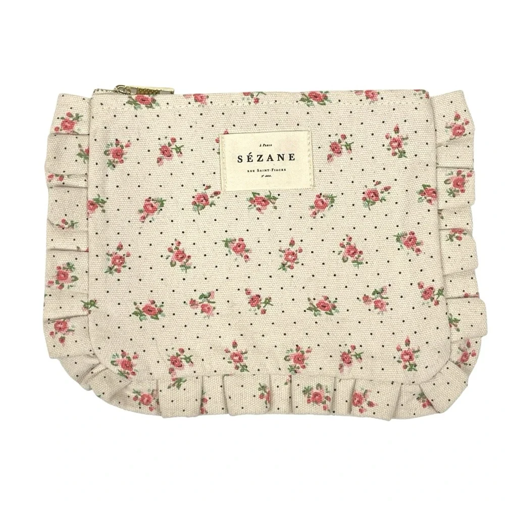 Sezane Pink Floral Ruffle Trim Small Cosmetic Makeup Bag Victorian Cottagecore